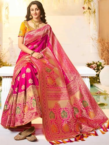 Monjolika Fashion Women's Woven Silk Saree With Blouse Piece (45560_Color_Rani Pink) - Image 3