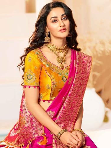 Monjolika Fashion Women's Woven Silk Saree With Blouse Piece (45560_Color_Rani Pink) - Image 4