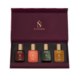 Nisara Gourmet Edition Perfume Diwali Gift Set 4x15ml(60ml) |Long Lasting Perfume | Notes:- Fruity- Floral, Pistachio, Caramel, Vanilla with | Cherry Bloom | Exotic Lychee | Dubai Kunafa | Caramel Cursh | Travel & Pocket-friendly perfume for Woman, kit for all moods & occasions | Ideal gift for Women, Wife, Friend, Girlfriend