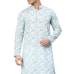 Majestic Man Cotton Mandarin Collar Ethnic Motifs Printed Regular Fit Long Kurta for Men (Small, Sky Blue)