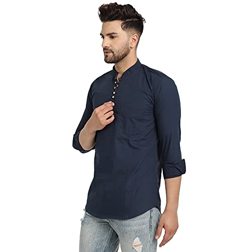 Majestic Man Cotton Solid Slim Fit Casual Short Kurta For Men (Large, Navy Blue) - Image 3