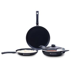 Wonderchef Valencia Non-Stick Cookware 4 Piece Set | Kadhai with Lid 24 cm, Fry Pan 24 cm, Dosa Tawa 28 cm | Pure Grade Aluminium| PFOA Free| 2 Years Warranty | Black