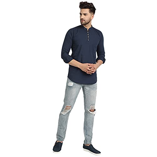 Majestic Man Cotton Solid Slim Fit Casual Short Kurta For Men (Large, Navy Blue) - Image 4