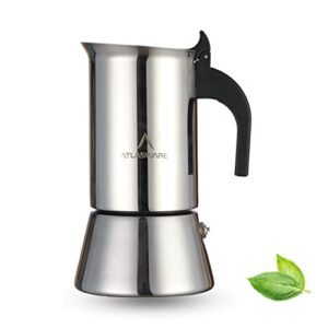 Atlasware Stainless Steel Mocha Design Coffee Maker | Induction, Gas, Hot Plate Compatible | Compact BPA Free Espresso Filter Coffee Black Tea Pot Percolator for Home, Kitchen, Travel (Silver, 6 Cup)