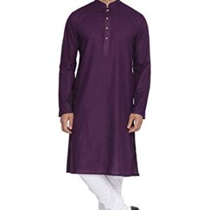 VASTRAMAY Men's Purple Cotton Linen Blend Kurta Pyjama Set โ Solid Ethnic Wear with Mandarin Collar & Churidar, Comfortable for Weddings, Festivals & Special Occasions