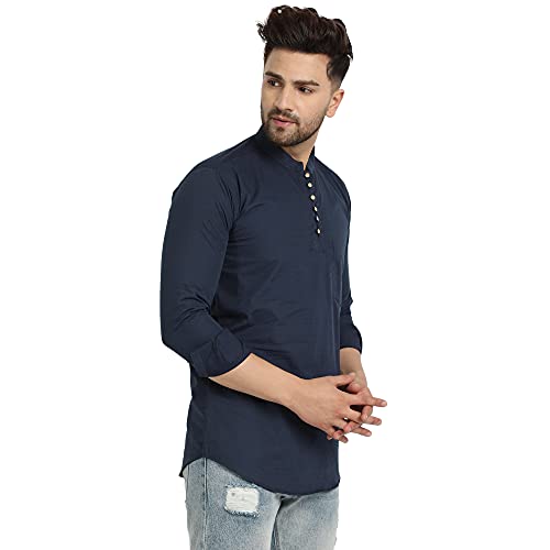 Majestic Man Cotton Solid Slim Fit Casual Short Kurta For Men (Large, Navy Blue) - Image 2