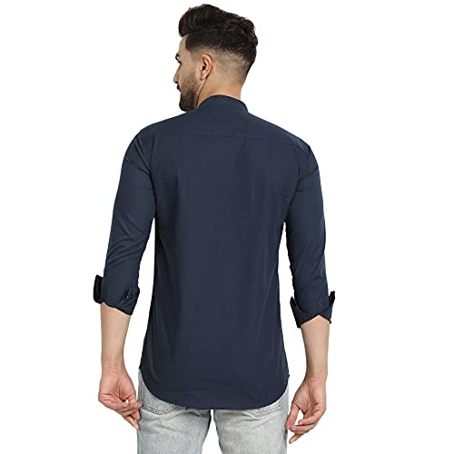Majestic Man Cotton Solid Slim Fit Casual Short Kurta For Men (Large, Navy Blue) - Image 5
