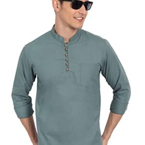 Majestic Man Cotton Solid Casual Short Kurta for Men (Small, Dusty Teal)