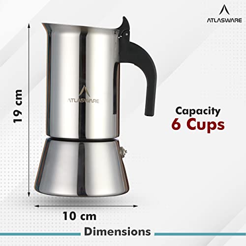Atlasware Stainless Steel Mocha Design Coffee Maker | Induction, Gas, Hot Plate Compatible | Compact BPA Free Espresso Filter Coffee Black Tea Pot Percolator for Home, Kitchen, Travel (Silver, 6 Cup) - Image 3
