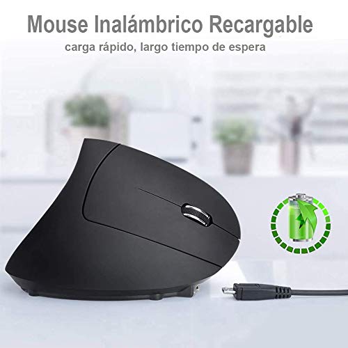 DQST Rechargeable Ergonomic Wireless Mouse, 2.4Ghz Optical Vertical Mouse with 3 Adjustable DPIs, 6 Buttons Design with USB Receiver, Compatible with Windows and Mac System(Black) - Image 3