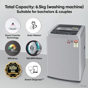 LG 6.5 Kg 5 Star Inverter Turbodrum Fully Automatic Top Loading Washing Machine (T65SKSF4Z, 3 Smart Motion, Tub Clean, Middle Free Silver)
