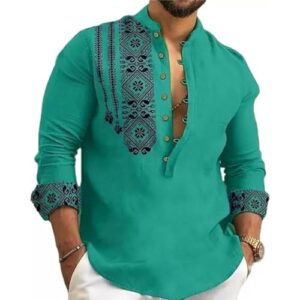DEELMO Men's Cotton Blend Mandarin Collar Self One Design Full Sleeve Casual Short Kurta (4XL, Rama)