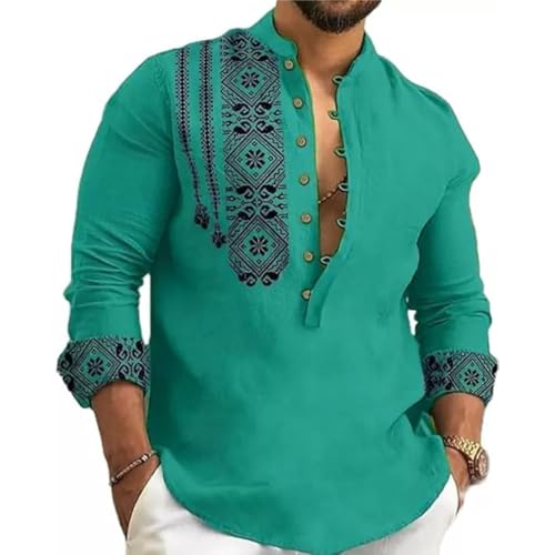 DEELMO Men's Cotton Blend Mandarin Collar Self One Design Full Sleeve Casual Short Kurta (4XL, Rama)