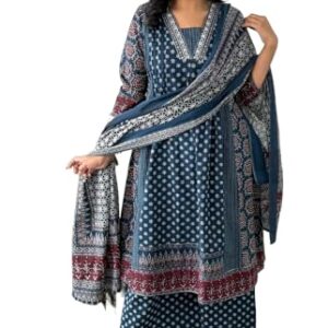 KLOSIA Women Printed Anarkali Kurta and Pant Set with Dupatta (in, Alpha, L, Teal Blue)
