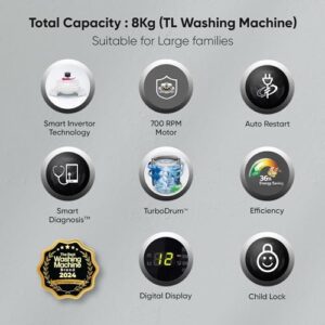LG 8 Kg 5 Star Smart Inverter Technology TurboDrum Fully Automatic Top Loading Washing Machine (T80SKSF1Z, Smart Diagnosis, Digital Display, Middle Free Silver)