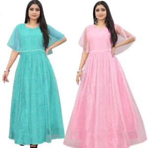 3Buddy Fashion Women's Fit and Flare Maxi Net and Silk Semi-Stitched Gown (Sky-Peach)