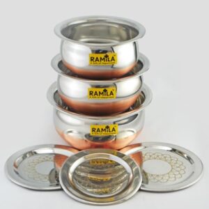 ramila Brand Stainless Steel Handi Set with Lid - Cookware Set for Serving and Cooking in The Kitchen, Copper Bottom Vessels for Induction (750ML, 1000ML, 1500ML), Multicolor