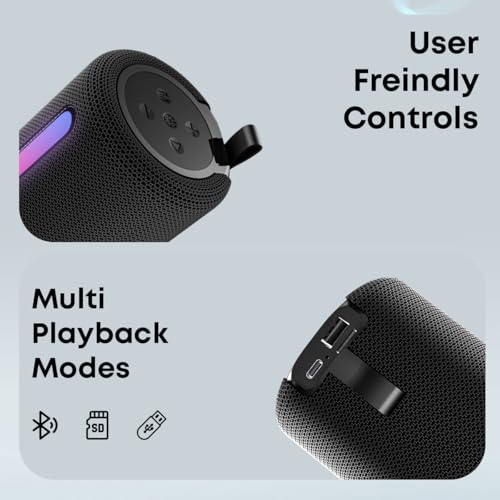 pTron Fusion Buzz 14W Bluetooth Speaker with Pristine Sound, 8hrs Playback, Rhythmic RGB LEDs, Multi-Play Modes BT5.3/TF Card/USB, TWS Feature, Integrated Button Controls, Type-C Charging (Black) - Image 8