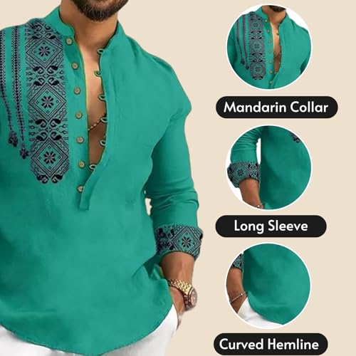 DEELMO Men's Cotton Blend Mandarin Collar Self One Design Full Sleeve Casual Short Kurta (4XL, Rama) - Image 3