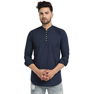Majestic Man Cotton Solid Slim Fit Casual Short Kurta For Men (Large, Navy Blue)