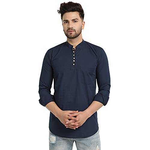 Majestic Man Cotton Solid Slim Fit Casual Short Kurta For Men (Large, Navy Blue)