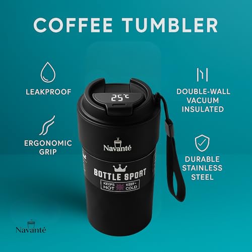 NAVANTE 600ml Coffee Tumbler Leak Proof – LED Temperature Display Travel Mug, Stainless Steel Insulated, 20oz Hot/Cold Thermos, Black – Diwali Deal - Image 2