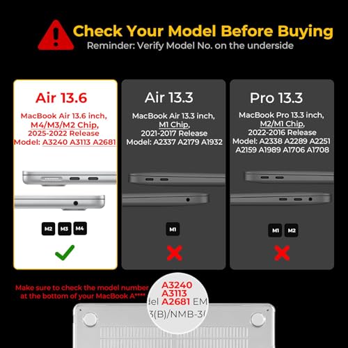 EooCoo Case Compatible for New MacBook Air 13.6 inch M4 A3240 M3 A3113 M2 A2681 with Touch ID,2025 2024 2022 Release,M2 M3 M4 Air 13'' Laptop Protective Plastic Hard Shell Cover,Matte Surface, Black - Image 2