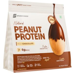 Sparkfusion Natural Peanut Protein Isolate–Rich Chocolate Flavor–25g Protein,5g BCAA, Zero Sugar, Gut-Friendly, Vegan, Lab-Tested, No Artificial Additives 500 gm