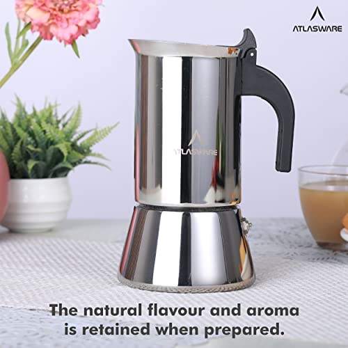Atlasware Stainless Steel Mocha Design Coffee Maker | Induction, Gas, Hot Plate Compatible | Compact BPA Free Espresso Filter Coffee Black Tea Pot Percolator for Home, Kitchen, Travel (Silver, 6 Cup) - Image 6
