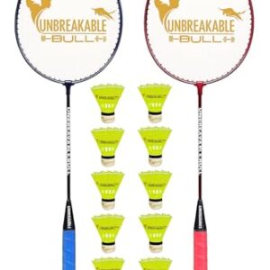 𝐔𝐍𝐁𝐑𝐄𝐀𝐊𝐀𝐁𝐋𝐄 𝐁𝐔𝐋𝐋 Light Weight Badminton Racket Pair (Set of 2) with 12 Pc Nylon Shuttlecock for Playing Indoor/Outdoor Game, Badminton Racket for Kids/Adults