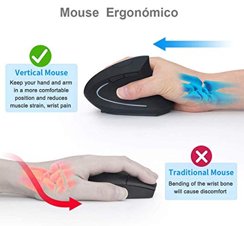 DQST Rechargeable Ergonomic Wireless Mouse, 2.4Ghz Optical Vertical Mouse with 3 Adjustable DPIs, 6 Buttons Design with USB Receiver, Compatible with Windows and Mac System(Black) - Image 5