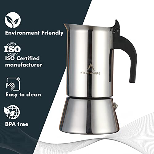 Atlasware Stainless Steel Mocha Design Coffee Maker | Induction, Gas, Hot Plate Compatible | Compact BPA Free Espresso Filter Coffee Black Tea Pot Percolator for Home, Kitchen, Travel (Silver, 6 Cup) - Image 5