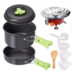 DPCR Camping kichen Accessories for Outdoor Mess Kit,Cooking Equipment 8 Piece Cookset with Mini Gas Stove and Free Folding Spork and Nylon Bag