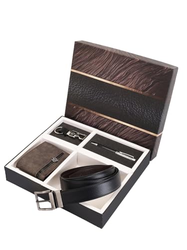 ZEVORA Leather Belt Gift Hamper for Men I Wallet, Keychain & Pen Combo Gift Set (Fits Waist Size 30-40inch) (Pack of 4) nw43