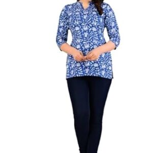 Women Stylish Straight Printed Rayon Single Top Comfortable & Trendy Design with Unique Patterns, Ideal for Casual Wear, Office Wear, and Daily Use, (in, Alpha, L, Regular, Blue)