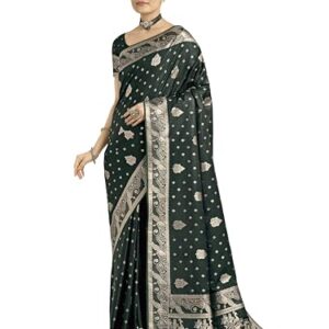 Monjolika Fashion Women's Traditional Zari Woven Pattern Banarasi Satin Silk Saree With Evocative Blouse Peice (15000_Color) (Dark Green)