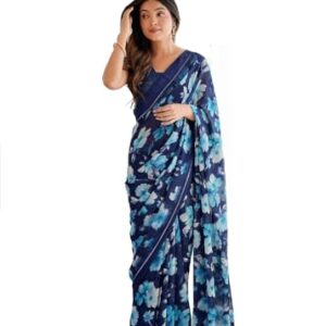 RAJESHWAR FASHION WITH RF Women's Latest Silk Printed Saree with Blouse Piece-Dark Blue