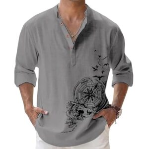 DEELMO Men's Cotton Blend Mandarin Collar Regular Fit Full Sleeve Casual Short Kurta, Grey, XL