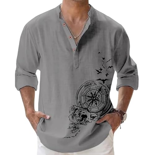 DEELMO Men's Cotton Blend Mandarin Collar Regular Fit Full Sleeve Casual Short Kurta, Grey, XL