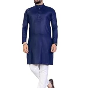 weltpocket Men's Cotton Blend Solid Straight Kurta Pyjama (X-Large, Navy)