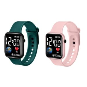 ZOVUTA Square Shape Dial Colorful Smart Looking Digital led Combo Watch for Kids - Fully Waterproof Sportswatch Display- Best Gift for Diwali and Birthday-Date and Time Function Only - (Green & Pink)