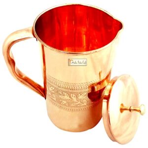 Prisha India Craft � Diwali Gift Pure Copper Jug Embossed Design Water Pitcher with Lid for Health Benefits Ayurveda Healing Capacity 1.6 L - Free pitambari Powder