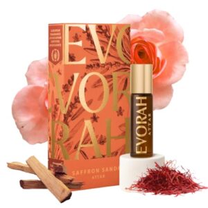 Evorah Saffron Sandal Alcohol Free Attar | Luxury Warm Sandal Perfume Oil | Chandan Ittar | Attar for Women Long Lasting | Travel Size 10ml Pocket fragrance | Perfume for Diwali | Diwali Gift Items | Deal of the day