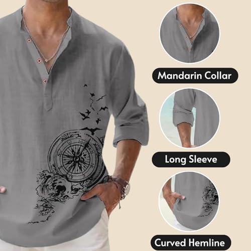 DEELMO Men's Cotton Blend Mandarin Collar Regular Fit Full Sleeve Casual Short Kurta, Grey, XL - Image 2
