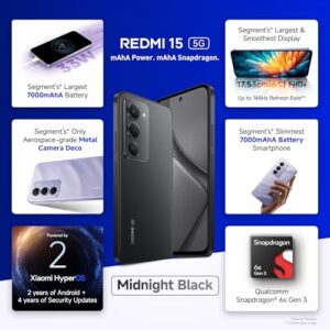 Redmi 15 5G Midnight Black 8GB + 256GB | Segment's Largest 7000mAhA Battery | Segment's Largest Display 17.53cm(6.9) Up to 144Hz | Snapdragon 6s Gen 3 | 18W Reverse Charging | 50MP AI Dual Camera