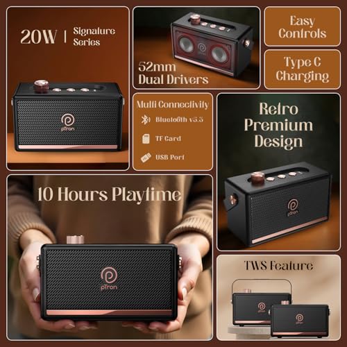 pTron Fusion Pro Retro Signature 20W Bluetooth Speaker with Pristine Sound, 8 Hours Playtime, Dual Drivers, Playback via BT5.3/USB/TF Card, Easy Controls, Portable Speaker & Type C Charging (Black) - Image 2