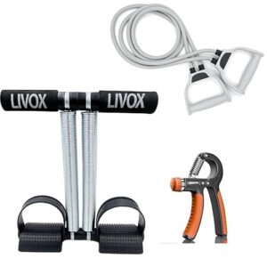 LIVOX Gym Equipment Set for Home Workout Abdominal Exercise Complete Home Gym Combo Kit – Pack of 3 (Tummy Trimmer, Resistance Tube Band, Hand Gripper)