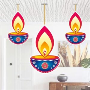 Party Baazaar Diwali Hanging Decoration | Happy Diwali Decoration Items | Paper Hanging Deepak for Wall Decor | Diya Dangler | Decorative Hangings (Multicolour, Pack of 10)