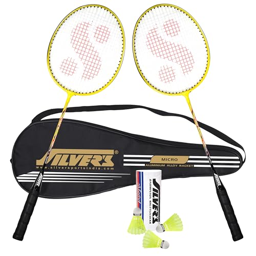 Silver's Aluminium Micro Badminton Kit (2 Racquets with Full Cover, 1 Box Shuttlecock Pack of 3) Black, Aluminium, Micro Combo 2 with Nylon Shuttle, Yellow/Black