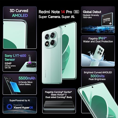 Redmi Note 14 Pro 5G Ivy Green 8GB RAM 256GB Storage|50 MP Sony Camera Setup|Corning Gorilla Glass Victus 2 | 1.5K 3D Curved AMOLED | Mediatek Dimensity 7300- Ultra - Image 2